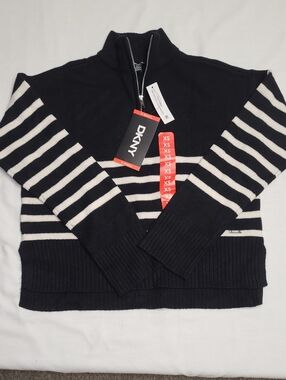 NWT DKNY Preppy Cozy Black and White Striped Turtleneck  Quarter-Zip Sweater XS